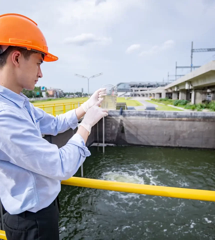 engineer-take-water-from-wastewater-treatment-pond-2023-04-04-22-20-54-utc